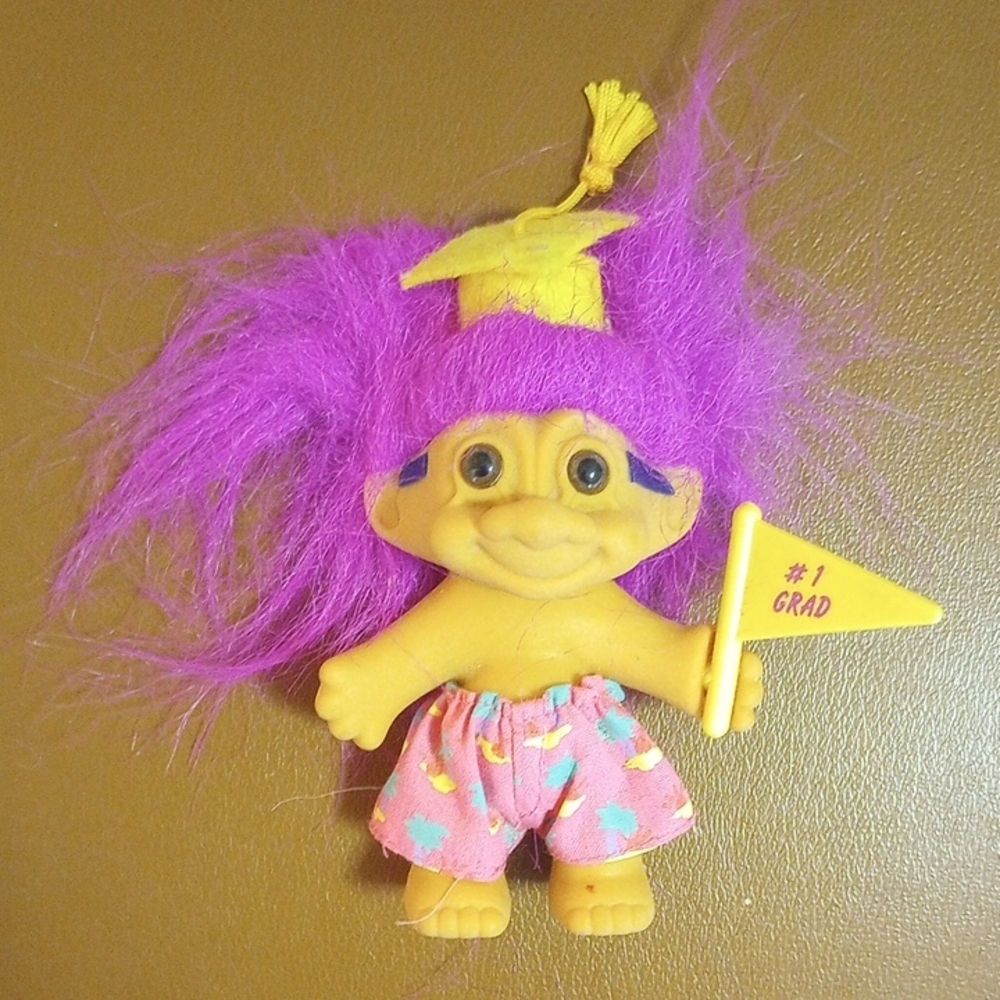 Vintage Russ Graduation Troll Doll.  #1 Grad.  Fuschia Hair. Brown Eyes.